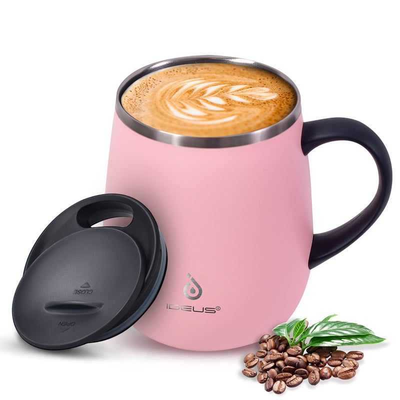 Ideus Coffee Mug 470ml 16oz Double Wall Vacuum Insulated Stainless Steel Coffee  Tea Cup wNonSlip Handle  Slider Module Lid  Large Volume Sakura