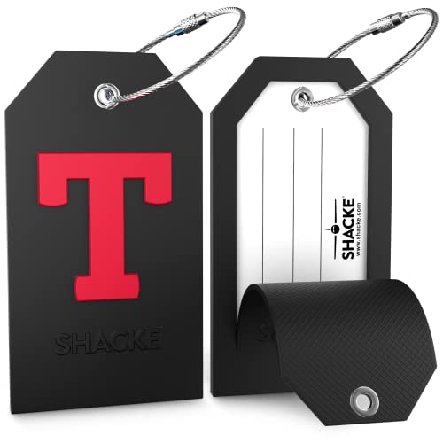 Shacke Initial Luggage Tag with Full Privacy Cover and Stainless Steel Loop - Black (Letter T) - Image 2