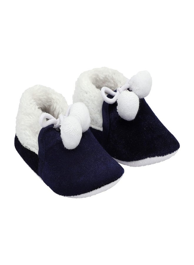 Coco Candy Unisex Kids Fur & Pom Pom New Born Infant Baby Shoes in Navy Blue Velvet - Navy Blue, 9 Months to 12 Months - Image 1