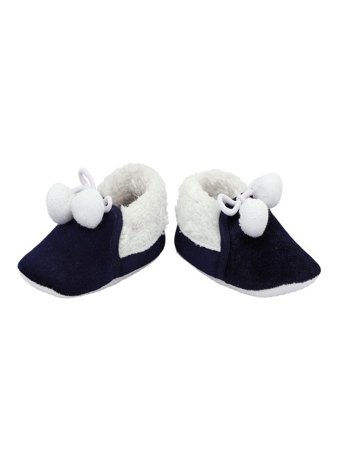 Coco Candy Unisex Kids Fur & Pom Pom New Born Infant Baby Shoes in Navy Blue Velvet - Navy Blue, 9 Months to 12 Months - Image 2