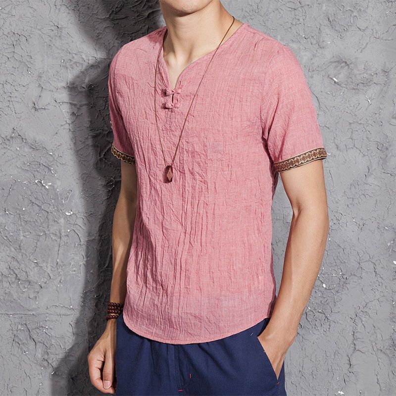Chinese Style Men'S Cotton And Linen T-Shirt Summer Loose Hanfu Short-Sleeved Antique Top Chinese Style Retro Linen T-Shirt - Image 1