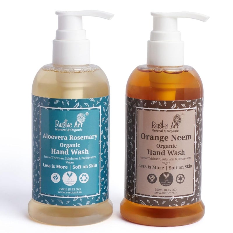 Rustic Art Organic Hand Wash  Orange Neem  Aloe Vera Rosemary  Natural Vegan  NonDrying Hydrating  For all skin types  250ml Pack of 2 - Image 1