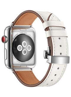 PROMASS Genuine Leather and Butterfly Silver Buckle Replacement Watchbands For Apple Watch Series 7/6/SE/5/4/3/2/1 42/44/45mm White 