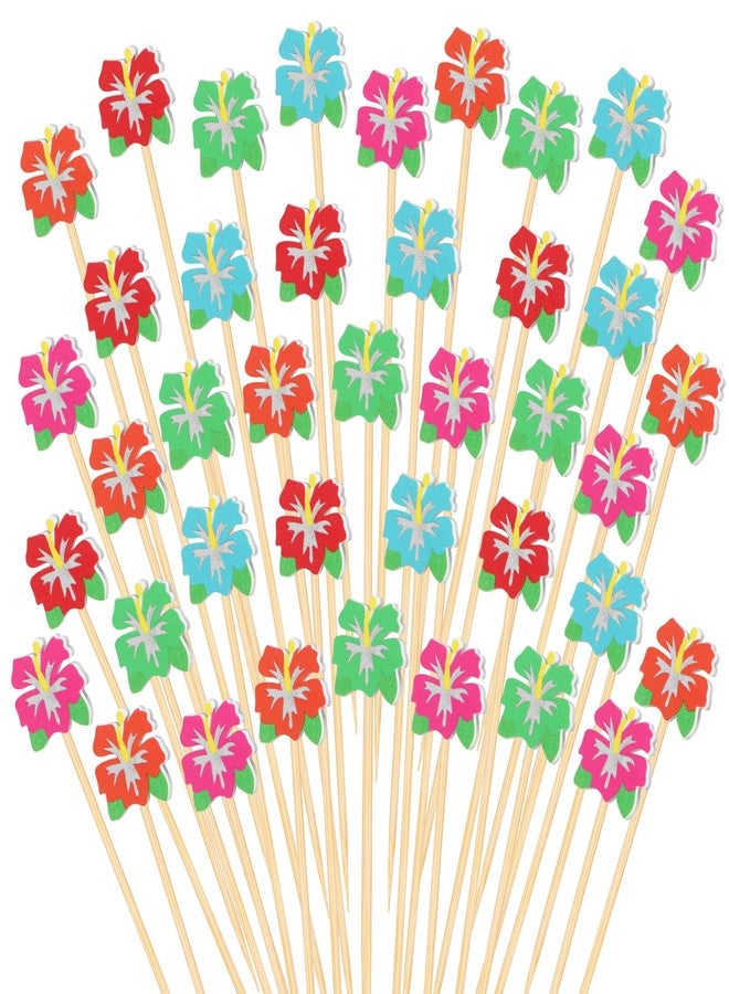 Pickmesh 400 Pcs Hawaii Cocktail Picks Bamboo Tropical Toothpicks Luau Cocktail Skewers for Drinks Decoration Beach Summer Food Fruit Party Supplies(Hawaiian Hibiscus) - Image 1