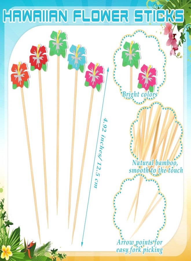 Pickmesh 400 Pcs Hawaii Cocktail Picks Bamboo Tropical Toothpicks Luau Cocktail Skewers for Drinks Decoration Beach Summer Food Fruit Party Supplies(Hawaiian Hibiscus) - Image 2