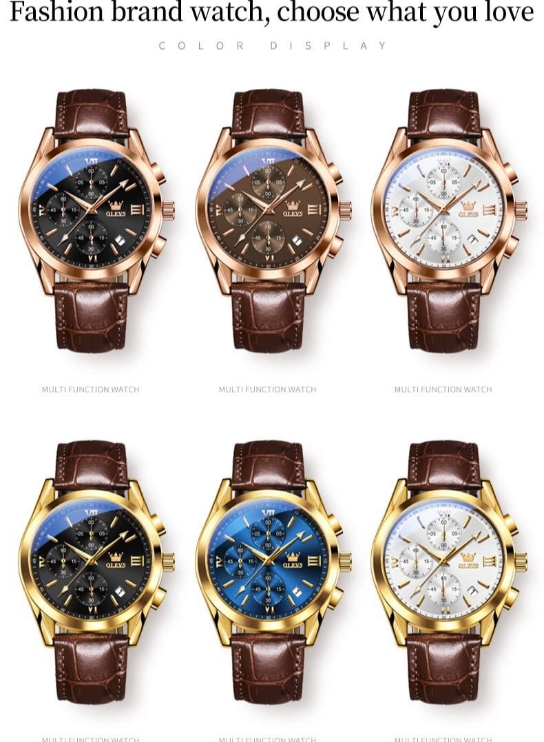 أوليفز ساعات كوارتز كرونوغراف للرجال من ، هيكل ذهبي بسوار جلدي مع تاريخ نهاري، ساعة يد من الفولاذ المقاوم للصدأ مقاومة للماء، ساعات مضيئة للرجال، الموضة والترفيه - Image 4