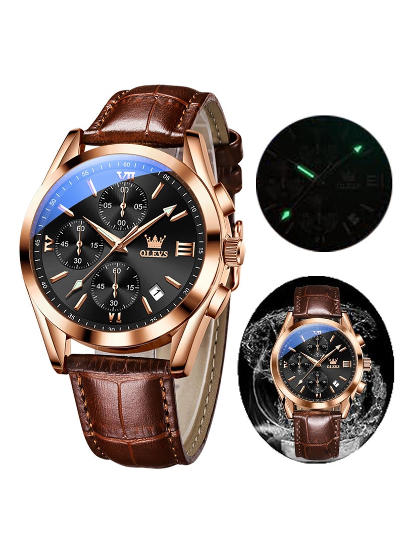 أوليفز ساعات كوارتز كرونوغراف للرجال من ، هيكل ذهبي بسوار جلدي مع تاريخ نهاري، ساعة يد من الفولاذ المقاوم للصدأ مقاومة للماء، ساعات مضيئة للرجال، الموضة والترفيه - Image 1