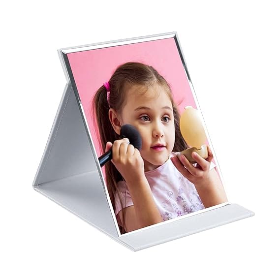 Cathiya Sales Cathiya Sales Folding Mirror Round Compact Mirror PU Leather Portable Adjustable Rectangular Ultrathin Mackup Mirror Makeup Mirror with Stand for Office Desk Vanity Table Travel White 1 Pcs  - Image 2