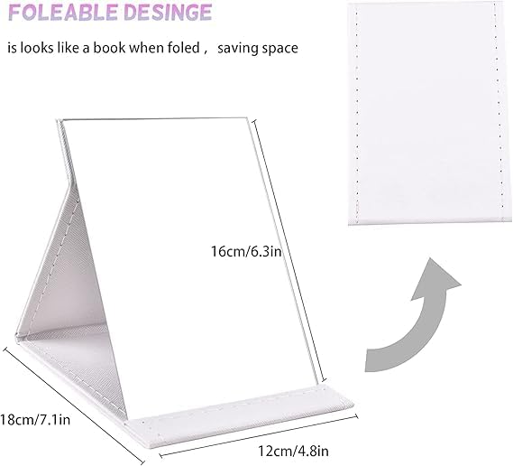 Cathiya Sales Cathiya Sales Folding Mirror Round Compact Mirror PU Leather Portable Adjustable Rectangular Ultrathin Mackup Mirror Makeup Mirror with Stand for Office Desk Vanity Table Travel White 1 Pcs  - Image 4
