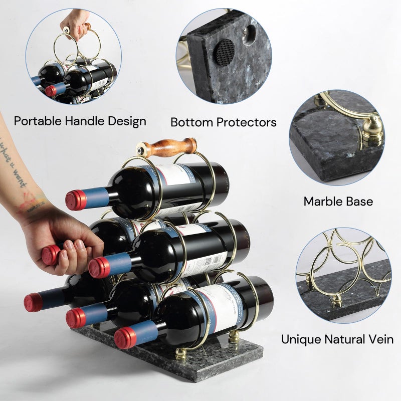 BCS Countertop Wine Rack - 6 Bottle Freestanding Modern Marble Base Small - 3 Tier Tabletop Wine Holder Stand for Cabinet, Pantry - Portable & Easy-Carry Wine Racks for Countertop (Blue Pearl) - Image 4