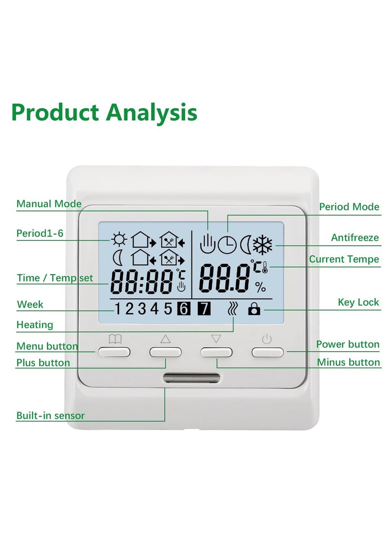 Room Thermostat 7-day Programmable,Digital Display AC230V Max16A Work for Electric Underfloor Heating with 3m Probe Sensor WG806 White - Image 3