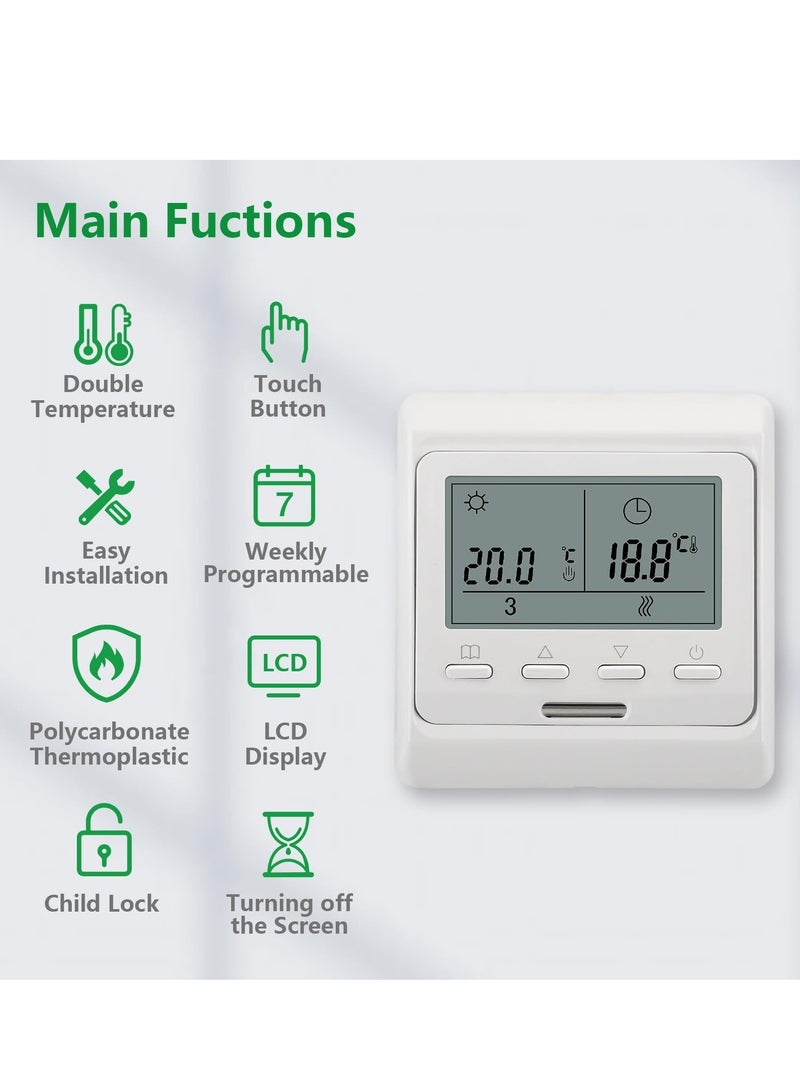Room Thermostat 7-day Programmable,Digital Display AC230V Max16A Work for Electric Underfloor Heating with 3m Probe Sensor WG806 White - Image 2
