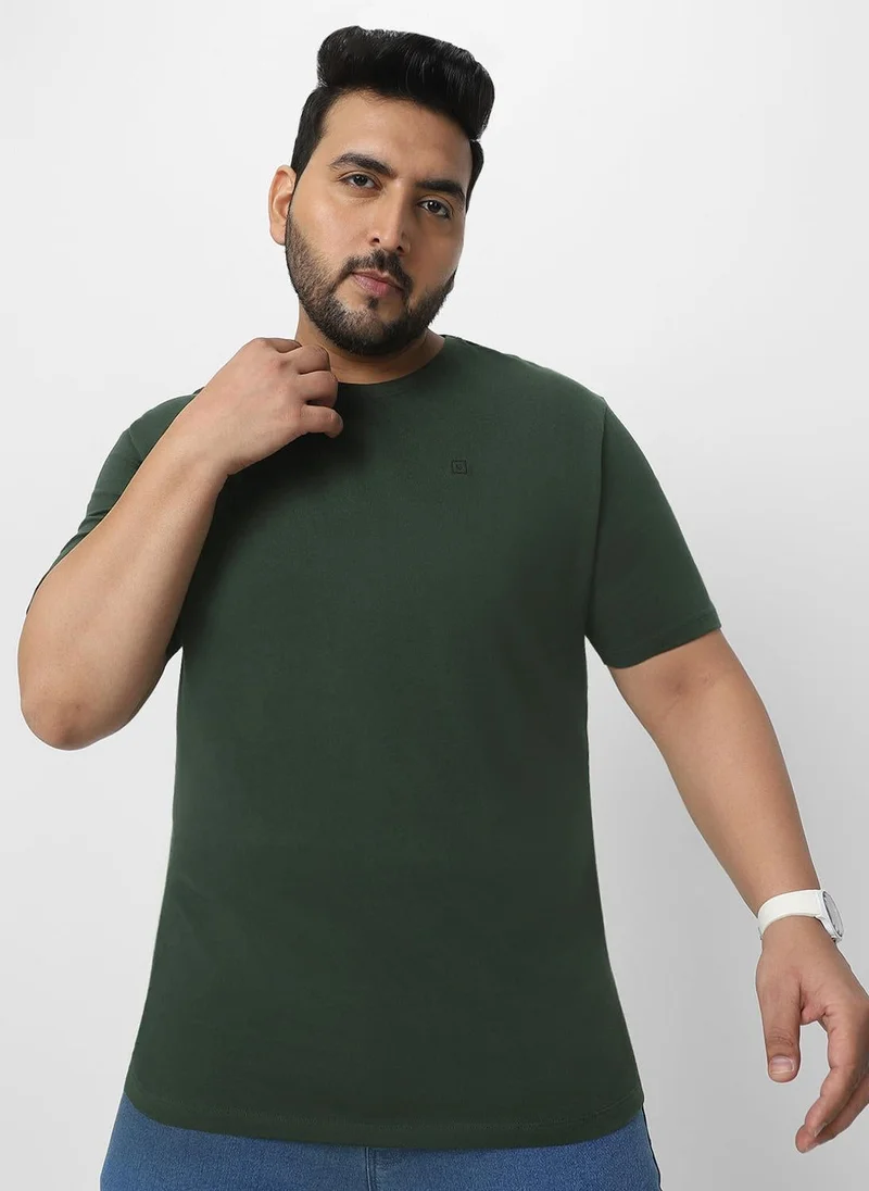 Urbano Plus Men's Dark Green Solid Regular Fit Round Neck Cotton T-Shirt