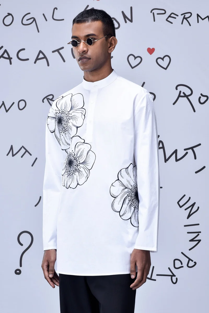 Genes Lecoanet Hemant White Giza Cotton Poplin Kurta with Floral Line Art