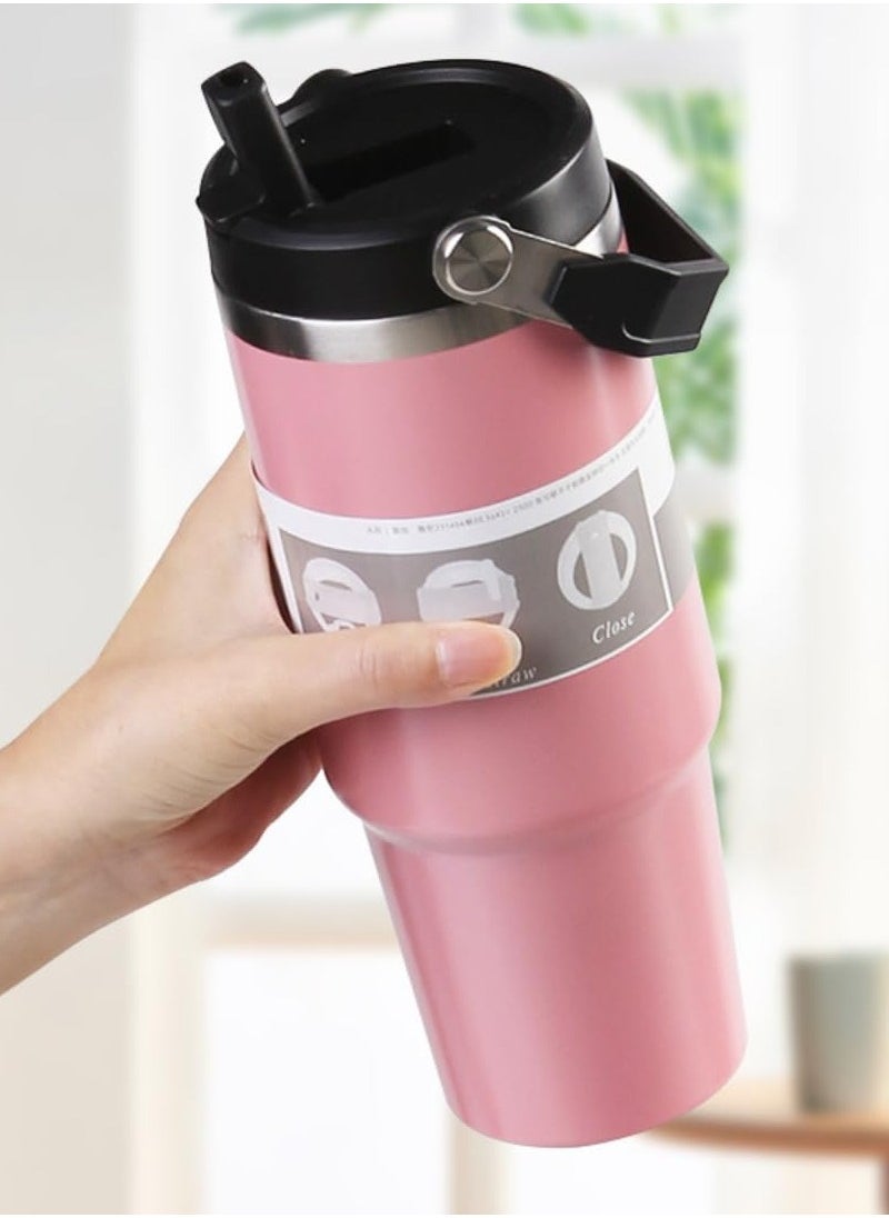 JAJEEK 900ml Stainless Steel Leak-Proof Travel Tumbler Mug – Double Wall Vacuum Insulated Sipper Bottle with Straw & Lid, Ideal for Car, Office, Travel & Gym (Pink) - Image 4