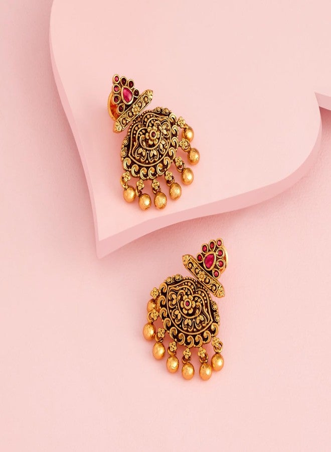 Kushal's Fashion Jewellery Ruby Gold Polished Copper Antique Hanging Earrings, Best for Celebrations & Special Occasions - 448782 - Image 4