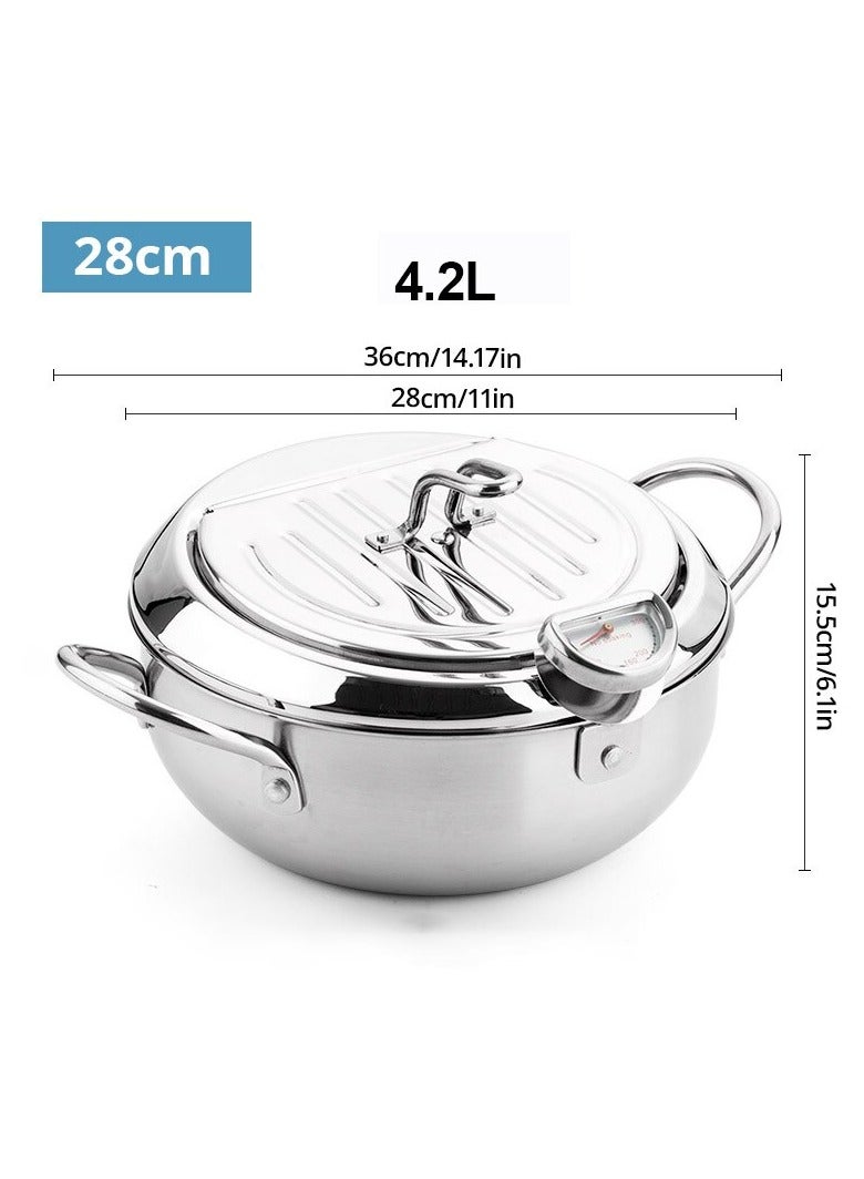 AROAQ Tempura Deep Fryer, Stainless Steel Tempura Fry Pot With A Thermometer And Oil Drip Rack Lid, Small Oil Saving Drip Drainer Pan For Household, (4.2L) - Image 1