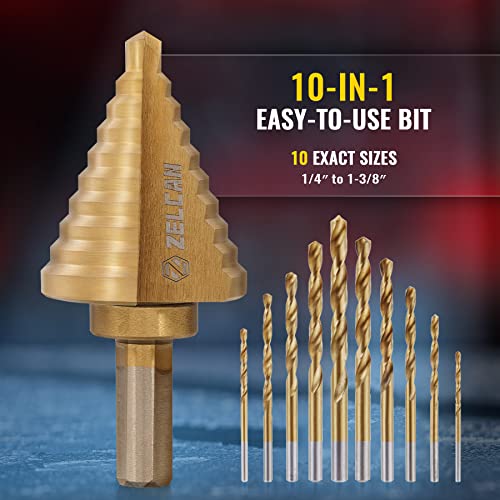 ZELCAN 10 Sizes Titanium Step Drill Bit, 1/4 to 1-3/8 Inches High Speed Steel Drill Cone Bits for Sheet Metal Hole Drilling Cutting, HSS Multi Size Hole Stepped Up Unibit for DIY Lovers Electrician - Image 2
