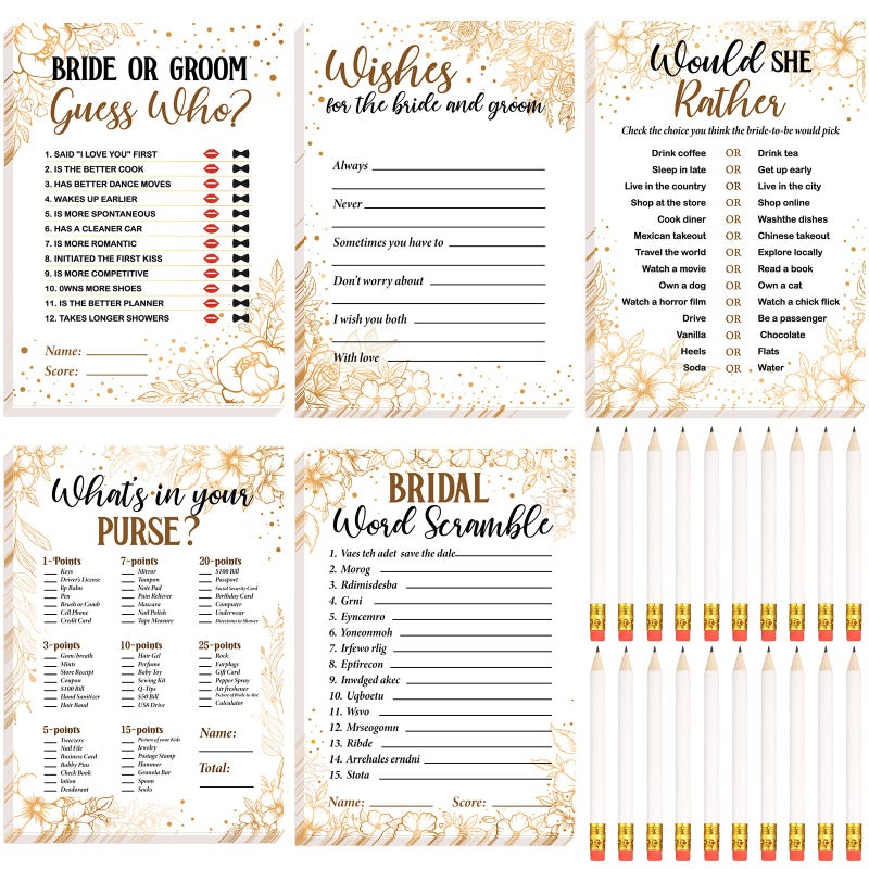 Teling 145 Pieces Bridal Shower Game Bridal Shower Favors Set Wedding Games Cards and Pencils for Bride Groom Bachelorette Party Wedding Party FavorGolden Flower Style