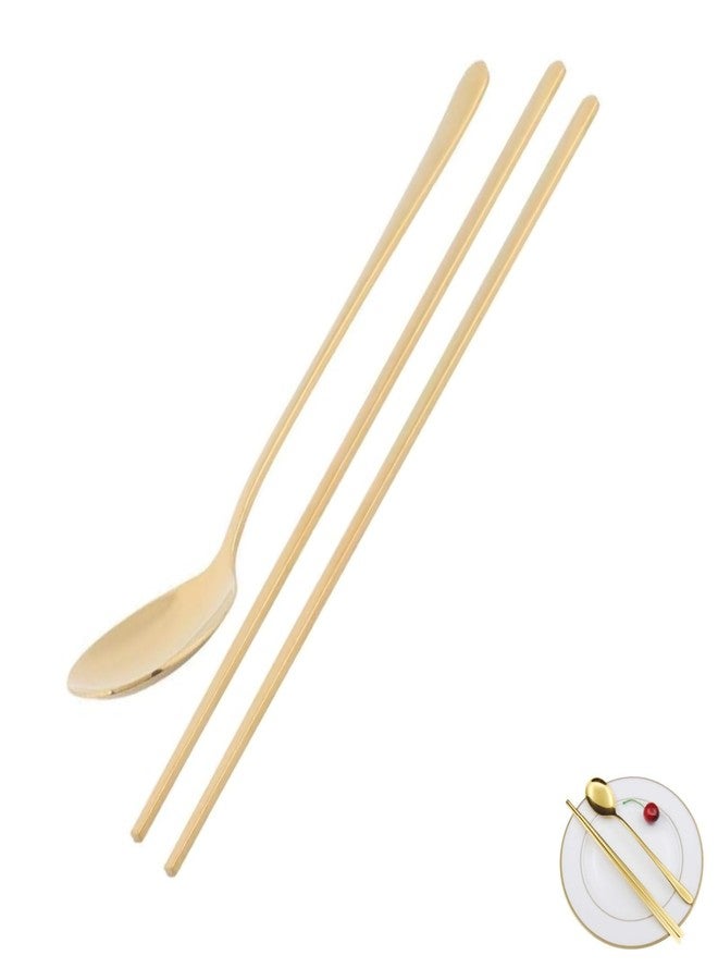 Beufee Gold Chopstick Spoon Set, Portable Cutlery Set Reusable Cute Metal Stainless Steel Korean Chopstix Spoon Set for Home Travel(Gold) - Image 1