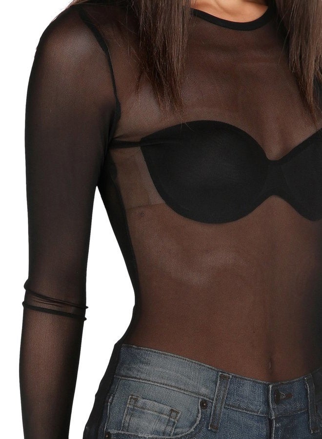 Floerns Women's Long Sleeve Slim Fit See Through Sheer Mesh Top, A Black, M - Image 4