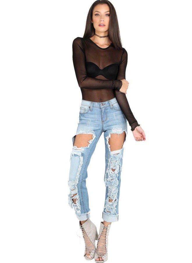 Floerns Women's Long Sleeve Slim Fit See Through Sheer Mesh Top, A Black, M - Image 5
