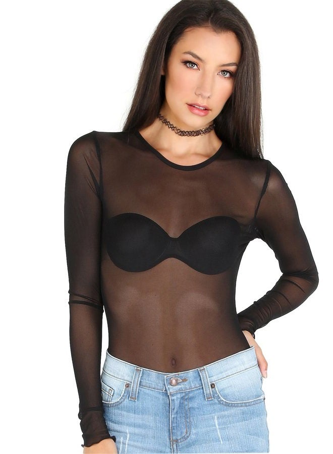 Floerns Women's Long Sleeve Slim Fit See Through Sheer Mesh Top, A Black, M - Image 1