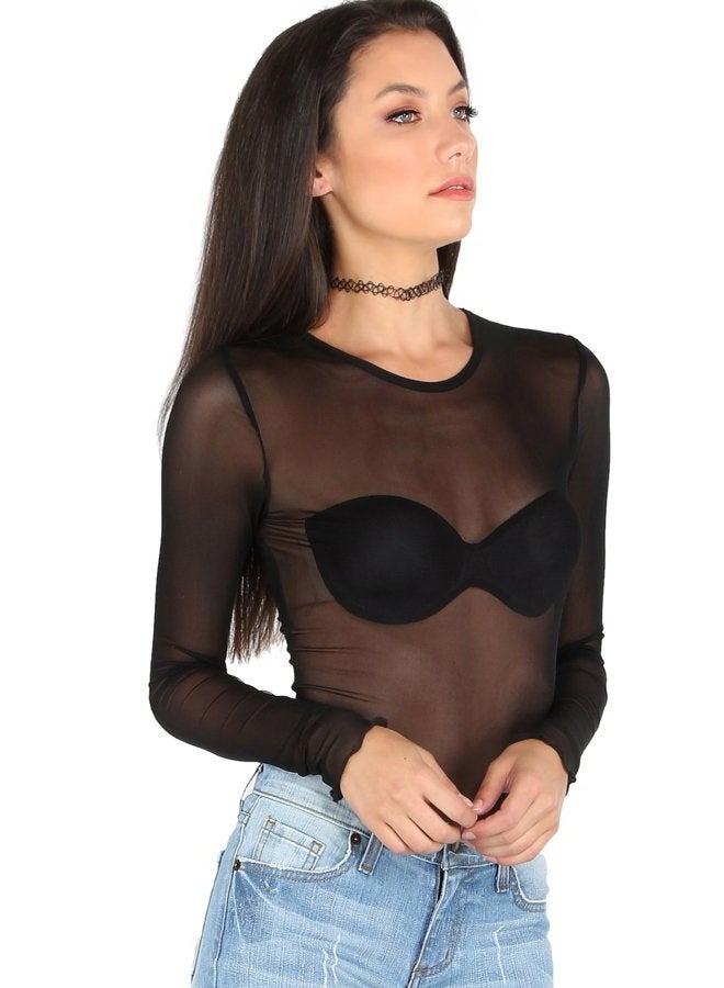 Floerns Women's Long Sleeve Slim Fit See Through Sheer Mesh Top, A Black, M - Image 2