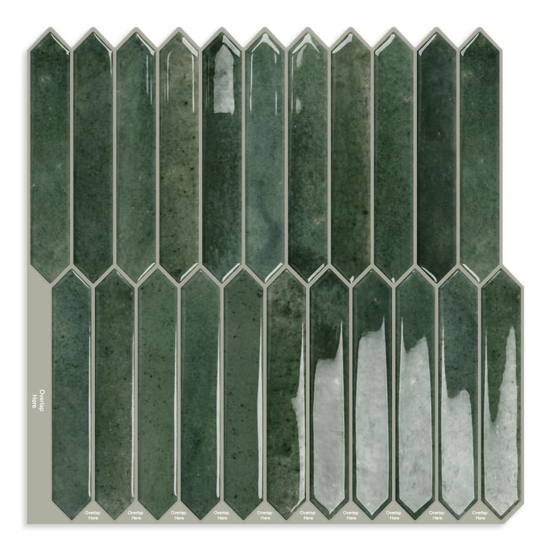MOONFUN Green Long Hexagon Tile Peel and Stick Backsplash, 10 Sheets Self-Adhesive Wall Tiles Stick on Back Splash for Kitchen, Bathroom, Fireplace,RV(12"Ã—12") - Image 1