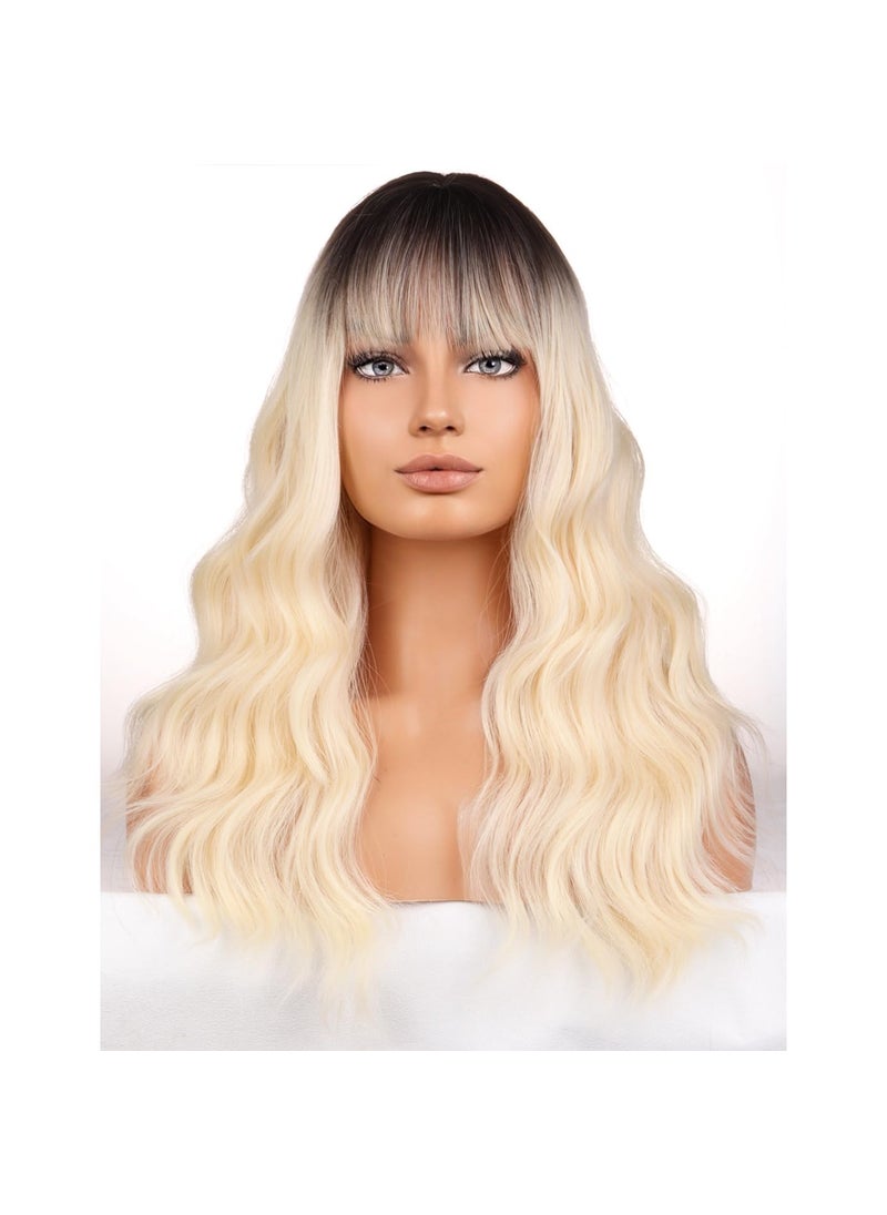 BERON - BERON Blonde Womens Wig Long Curly Hair Wig with Bangs Girls Ombre Blonde Wavy Heat Resistant Synthetic Wigs for Cosplay or Daily Used - Image 1
