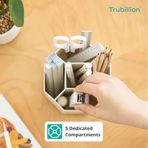 TRUBILLION OctoSpin - Rotatable Desk and Makeup Brush Organizer 360 Degree Rotating Octagonal Design with 5 Compartments Multi-Purpose Pen Cosmetic Holder Beige, No installation required - Image 2