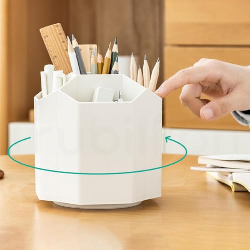 TRUBILLION OctoSpin - Rotatable Desk and Makeup Brush Organizer 360 Degree Rotating Octagonal Design with 5 Compartments Multi-Purpose Pen Cosmetic Holder Beige, No installation required - Image 1