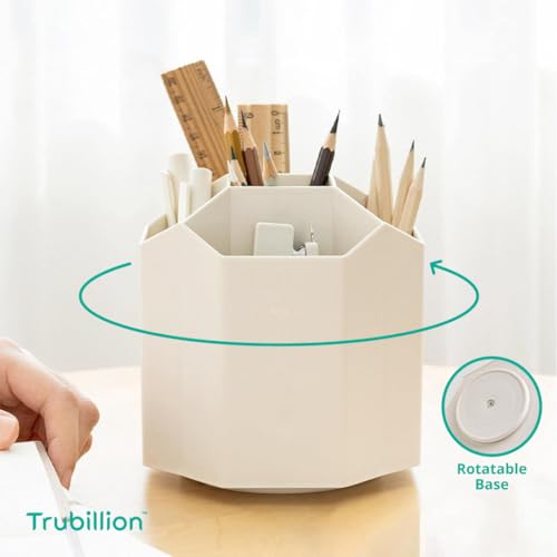 TRUBILLION OctoSpin - Rotatable Desk and Makeup Brush Organizer 360 Degree Rotating Octagonal Design with 5 Compartments Multi-Purpose Pen Cosmetic Holder Beige, No installation required - Image 4