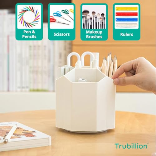 TRUBILLION OctoSpin - Rotatable Desk and Makeup Brush Organizer 360 Degree Rotating Octagonal Design with 5 Compartments Multi-Purpose Pen Cosmetic Holder Beige, No installation required - Image 3