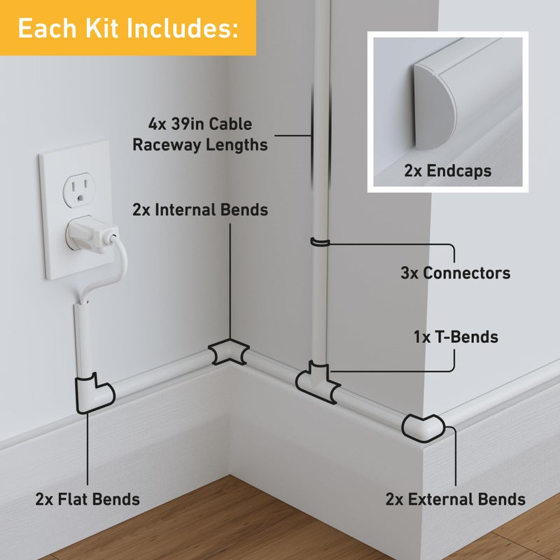 D-Line 13.12ft Cord Hider Kit, Patented Cable Cover, Hide Wires on Wall, Channel for TV Mount Cords, Raceway Wire Hiders, Paintable, Adhesive, Half Round, 4X 0.78in W x 0.39in H x 39in Lengths, White - Image 2