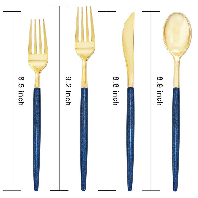 Supernal 180 Pieces Gold Plastic Cutlery Gold Flatware with Blue Glitter Handle Disposable Gold and Blue Cutlery Suitable for Party Birthday Wedding - Image 2