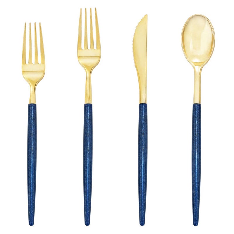 Supernal 180 Pieces Gold Plastic Cutlery Gold Flatware with Blue Glitter Handle Disposable Gold and Blue Cutlery Suitable for Party Birthday Wedding - Image 1