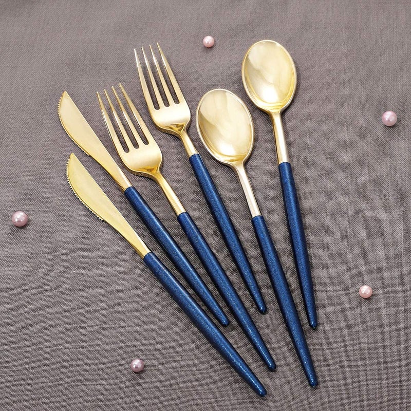 Supernal 180 Pieces Gold Plastic Cutlery Gold Flatware with Blue Glitter Handle Disposable Gold and Blue Cutlery Suitable for Party Birthday Wedding - Image 4
