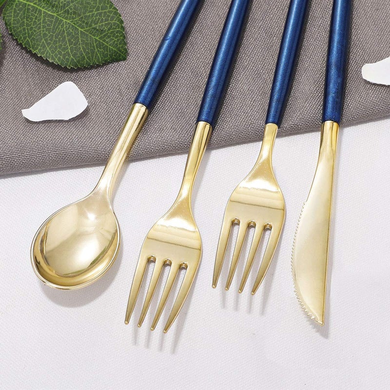 Supernal 180 Pieces Gold Plastic Cutlery Gold Flatware with Blue Glitter Handle Disposable Gold and Blue Cutlery Suitable for Party Birthday Wedding - Image 3