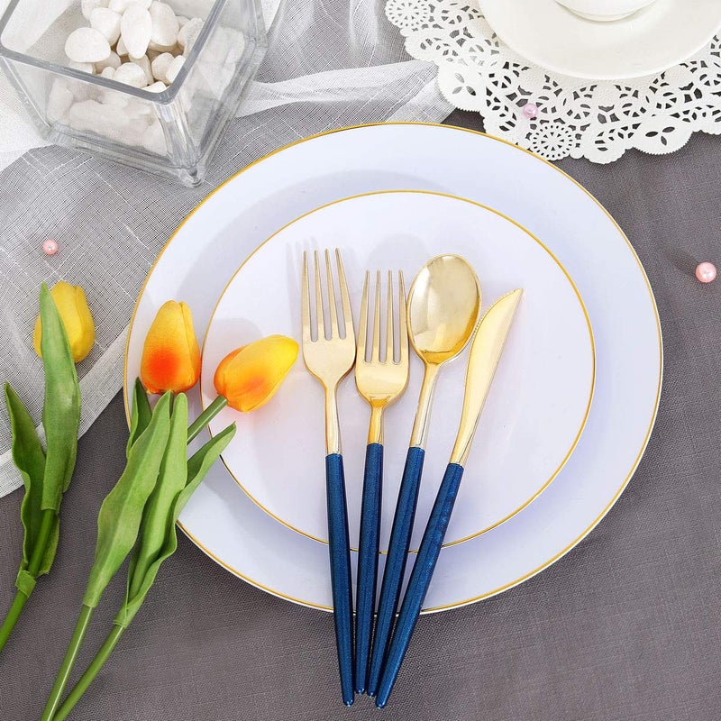 Supernal 180 Pieces Gold Plastic Cutlery Gold Flatware with Blue Glitter Handle Disposable Gold and Blue Cutlery Suitable for Party Birthday Wedding - Image 5