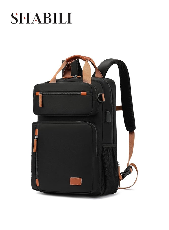 Men's Multi-Function Nylon Backpack, Large Capacity Shoulder Bag Back Bag Laptop Bag College Bag for Work, School, Business Travel, Tourist Bag School Bag with USB Port and Hidden Straps (Black)
