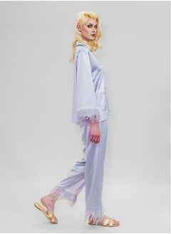 BITOLIA GALLERY Top and Pants Set Loungewear Taffeta Silver Natural Feathers  - Image 3