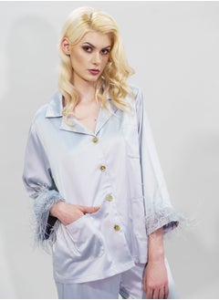 BITOLIA GALLERY Top and Pants Set Loungewear Taffeta Silver Natural Feathers  - Image 4