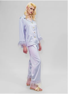 BITOLIA GALLERY Top and Pants Set Loungewear Taffeta Silver Natural Feathers  - Image 2