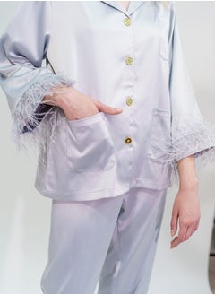 BITOLIA GALLERY Top and Pants Set Loungewear Taffeta Silver Natural Feathers  - Image 5