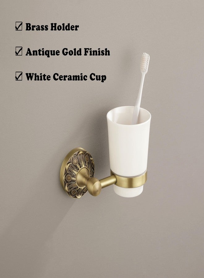 Lucyound Antique Gold Toothbrush Holder Wall Mount, Bathroom Single Toothbrush Holder and Cup Set, Vintage Decorative Bathroom Accessories, Ceramic and Brass Petal-Relief Series - Image 2