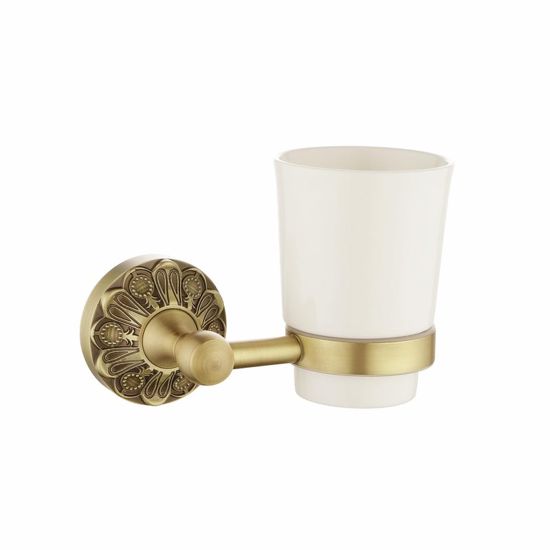 Lucyound Antique Gold Toothbrush Holder Wall Mount, Bathroom Single Toothbrush Holder and Cup Set, Vintage Decorative Bathroom Accessories, Ceramic and Brass Petal-Relief Series - Image 1