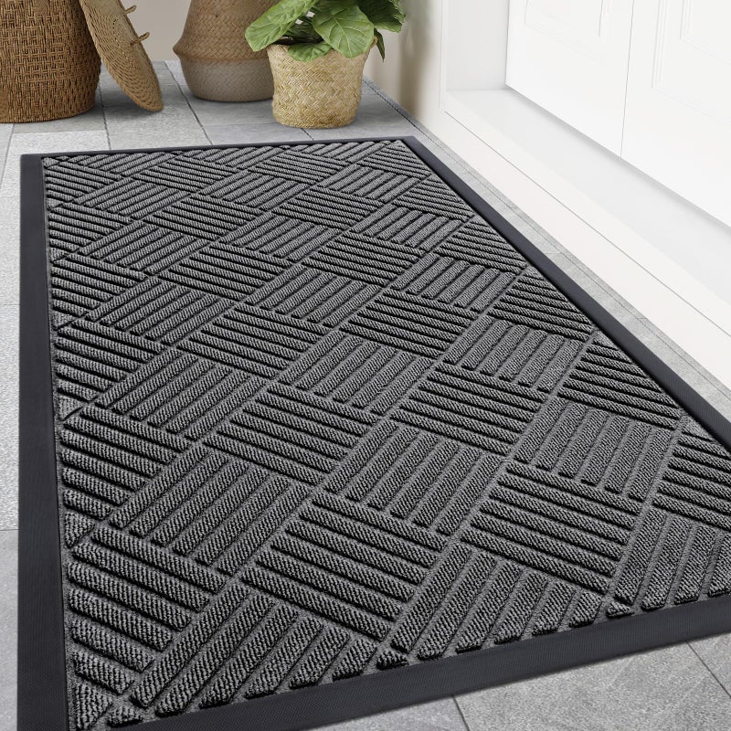 Smiry Front Door Mat Outside Entrance Heavy Duty Outdoor Indoor Natural Rubber Doormat Non Slip Trap Dirt and Moisture Easy Clean Low Profile Patio Porch Entryway Mat 47x32 Grey