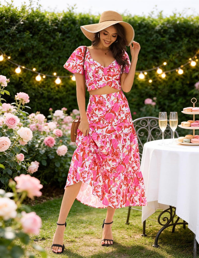 DRESSTELLS Women's 2 Piece Outfits, Floral Top Skirts Set, Spring Easter Dresses, Maxi Summer Tropical Boho Vacation Beach Suits 2026 Red Pink Flower S - Image 3
