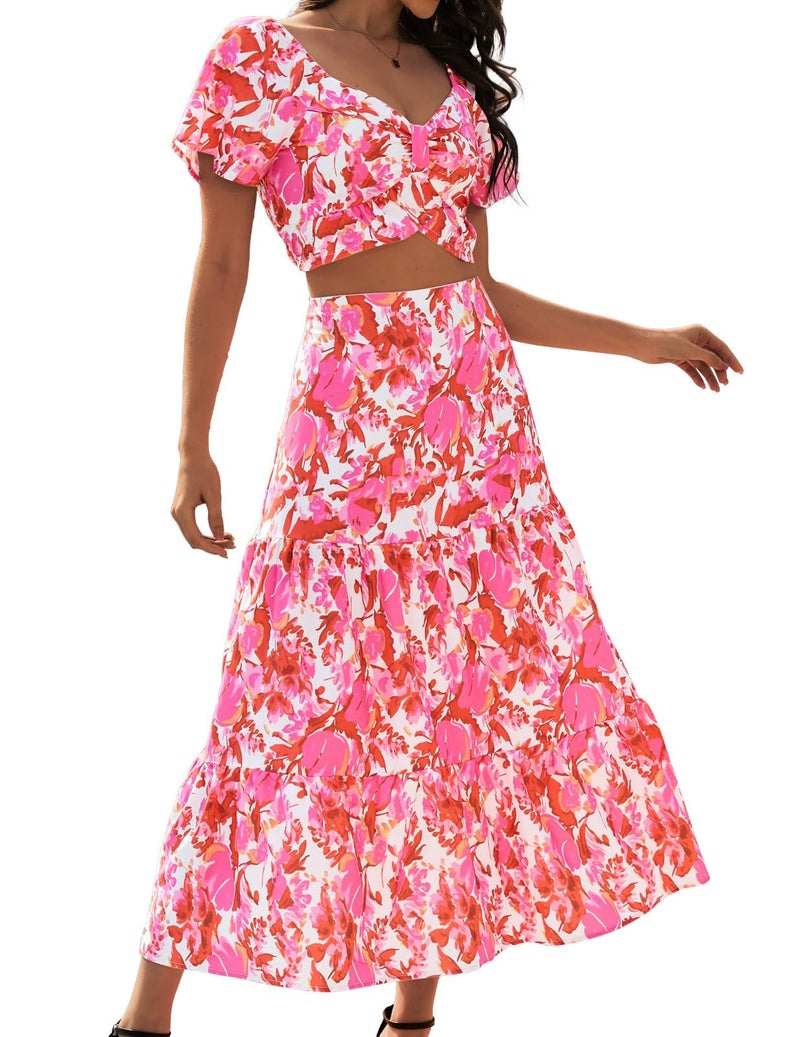 DRESSTELLS Women's 2 Piece Outfits, Floral Top Skirts Set, Spring Easter Dresses, Maxi Summer Tropical Boho Vacation Beach Suits 2026 Red Pink Flower S - Image 1